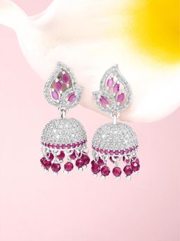Peora - Silver Plated Cubic Zirconia Rani Pink Beads Studded Jhumka Earrings