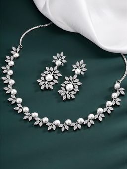 Peora - Silver Plated Cubic Zirconia and Pearl Studded Necklace Set