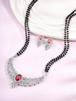 Peora - Silver Plated Cubic Zirconia Crystal Studded Mangalsutra and Earrings Set