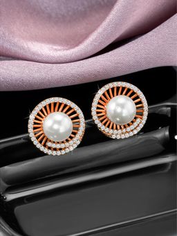 Peora - Rose Gold Plated Cubic Zirconia Pearl Stylish Round Stud Earrings