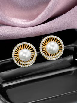Peora - Gold Plated Cubic Zirconia Pearl Stylish Round Stud Earrings