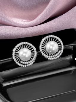 Peora - Silver Plated Cubic Zirconia Pearl Stylish Round Stud Earrings