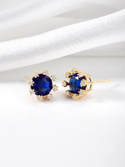 Peora - Gold Plated Cubic Zirconia Blue Crystal Round Stud Earrings