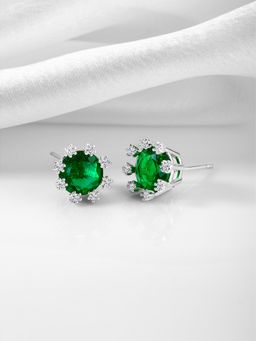 Peora - Silver Plated Cubic Zirconia Green Crystal Stylish Round Stud Earrings