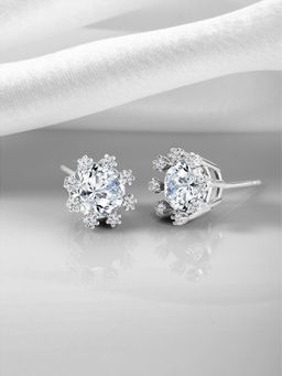 Peora - Silver Plated Cubic Zirconia White Crystal Stylish Round Stud Earrings