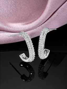 Peora - Silver Plated Cubic Zirconia Studded Stylish Half Hoop Earrings