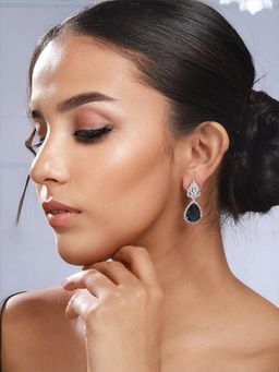 Priyaasi - Blue Leaf American Diamond Silver-Plated Drop Earrings