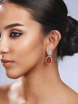 Priyaasi - Wine-Toned Leaf American Diamond Silver-Plated Drop Earrings