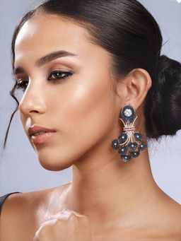 Priyaasi - Blue AD Studded Rose Gold Silver-Plated Drop Earrings