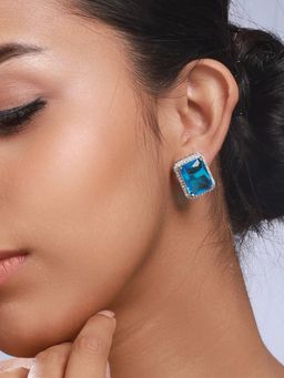 Priyaasi - Blue Block American Diamond Silver-Plated Stud Earrings