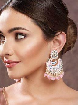 Priyaasi - Pink Floral Kundan Beaded Meenakari Gold-Plated Chandbali Earrings