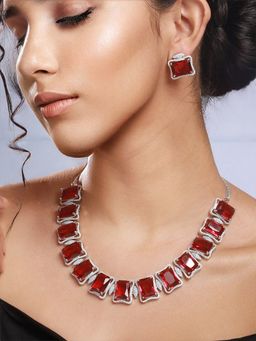 Priyaasi - Geometric Wine Stone American Diamond Silver-Plated Jewellery Set