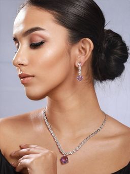 Priyaasi - Purple Block Leaves American Diamond Silver-Plated Jewellery Set