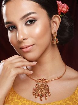Priyaasi - Goddess Laxmi Peacock Kemp Stone Gold-Plated Jewellery Set