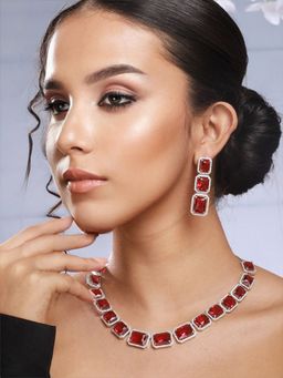 Priyaasi - Wine Blocks American Diamond Silver-Plated Jewellery Set