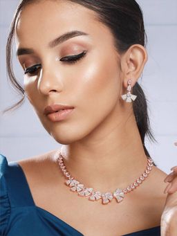 Priyaasi - Half-Floral Leaf American Diamond Rose Gold-Plated Jewellery Set
