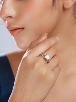 Priyaasi - Solitaire Block American Diamond Silver-Plated Ring