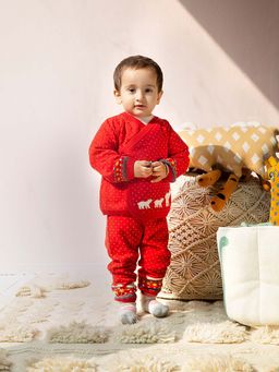 THE BABY TRUNK - Unisex Red Embroidered Top with Joggers (Set of 2)