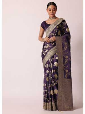 Purple Varni Fabrics Women Floral Banarasi Silk Woven Saree comes With Matching Blouse