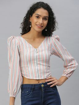 SHOWOFFFF - Women V-Neck Vertical Stripes Peach Crop Top