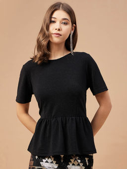 Gipsy - Women Black Solid Polyester Bishop Sleeve Collar Neck Top