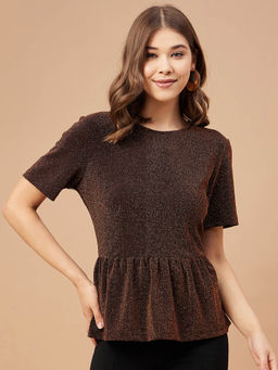 Gipsy - Women Copper Solid Polyester Bishop Sleeve Collar Neck Top