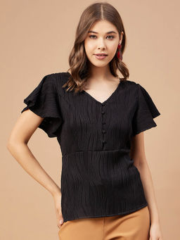 Gipsy - Women Black Solid Polyester Flutter Sleeve V Neck Top