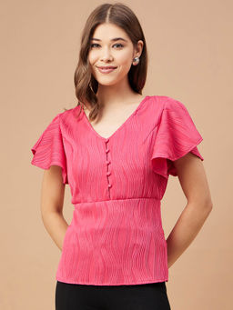 Gipsy - Women Fuchsia Solid Polyester Flutter Sleeve V Neck Top