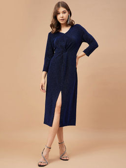 Gipsy - Women Dark Blue Solid Polyester Bell Sleeve V Neck Dress