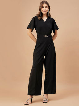Gipsy - Women Black Solid Polyester Flutter Sleeve V Neck Jumpsuit