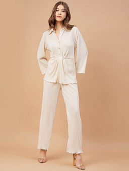 Gipsy - Women Ivory Solid Satin Bishop Sleeve Collar Neck Co-Ord (Set of 2)