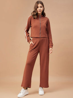 Gipsy - Women Tan Solid Poly Knit Regular Sleeve Mandarin Collar Co-Ord (Set of 2)