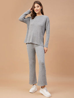 Gipsy - Women Grey Solid Poly Knit Bishop Sleeve Round Neck Co-Ord (Set of 2)