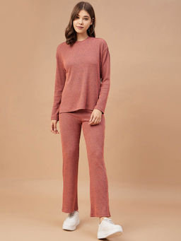 Gipsy - Women Rust Solid Poly Knit Bishop Sleeve Round Neck Co-Ord (Set of 2)