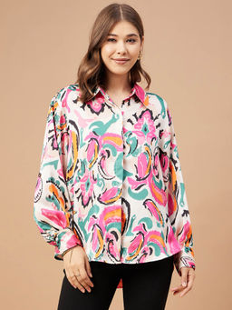 Gipsy - Women Pink Print Satin Flutter Sleeve Collar Neck Shirt