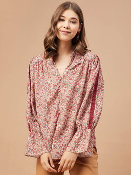 Gipsy - Women Beige Print Georgette Bishop Sleeve Mandarin Collar Top