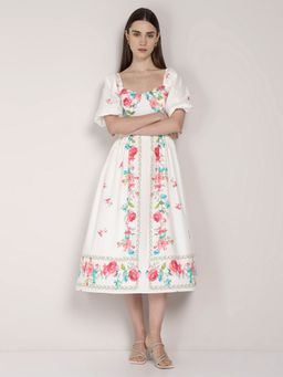 Cover Story - Ivory Cotton Embroidered Flared Dress