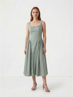 Cover Story - Green Cotton Solid Flared Dress