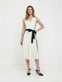 Cover Story - White Polyester Solid Flared Dress