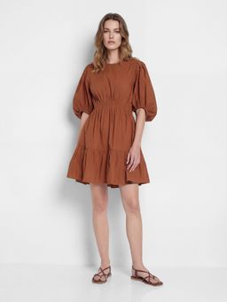 Cover Story - Brown Cotton Solid Flared Dress