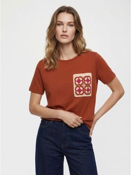 Cover Story - Brown Cotton Embroidered T-Shirt