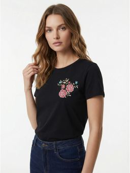 Cover Story - Black Cotton Floral T-Shirt