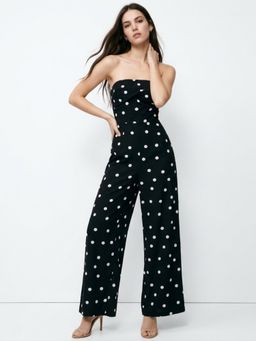 Outzidr - Black Polyester Polka Dots Jumpsuit