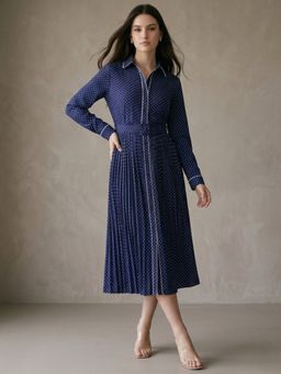 Outzidr - Navy Blue Polyester Polka Dots A-Line Dress with Belt