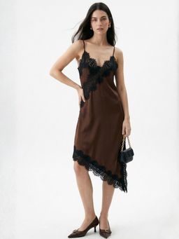 Outzidr - Brown Polyester Embroidered Asymmetrical Dress