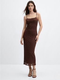 Outzidr - Brown Polyester Textured Bodycon Dress