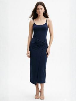 Outzidr - Navy Blue Polyester Solid Bodycon Dress