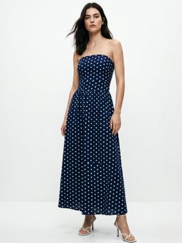 Outzidr - Navy Blue Polyester Polka Dots Flared Dress