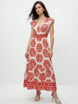 Outzidr - Red Polyester Abstract Flared Dress