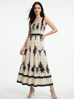 Outzidr - Cream Polyester Abstract Flared Dress